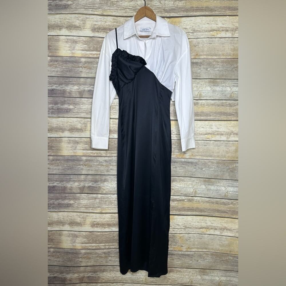 ACT N°1 S Black and White Women's Dress asymmetrical satin shirt dress